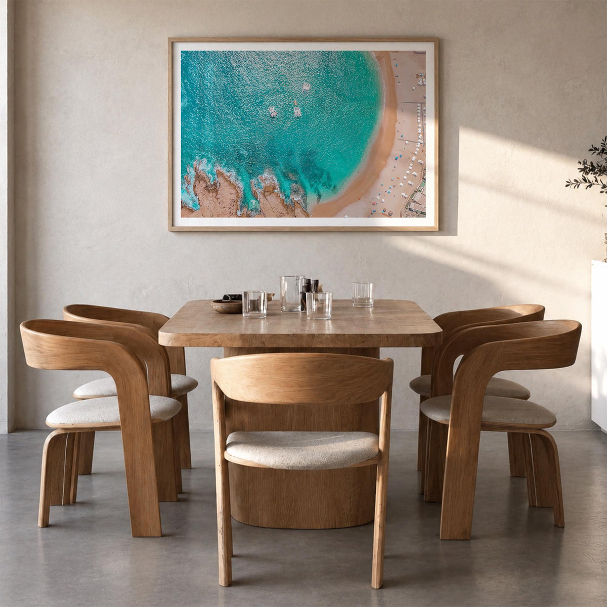 Cabo San Lucas colorful photo poster of Mexico – horizontal wall art in natural wood frame with white border, hanging on wall