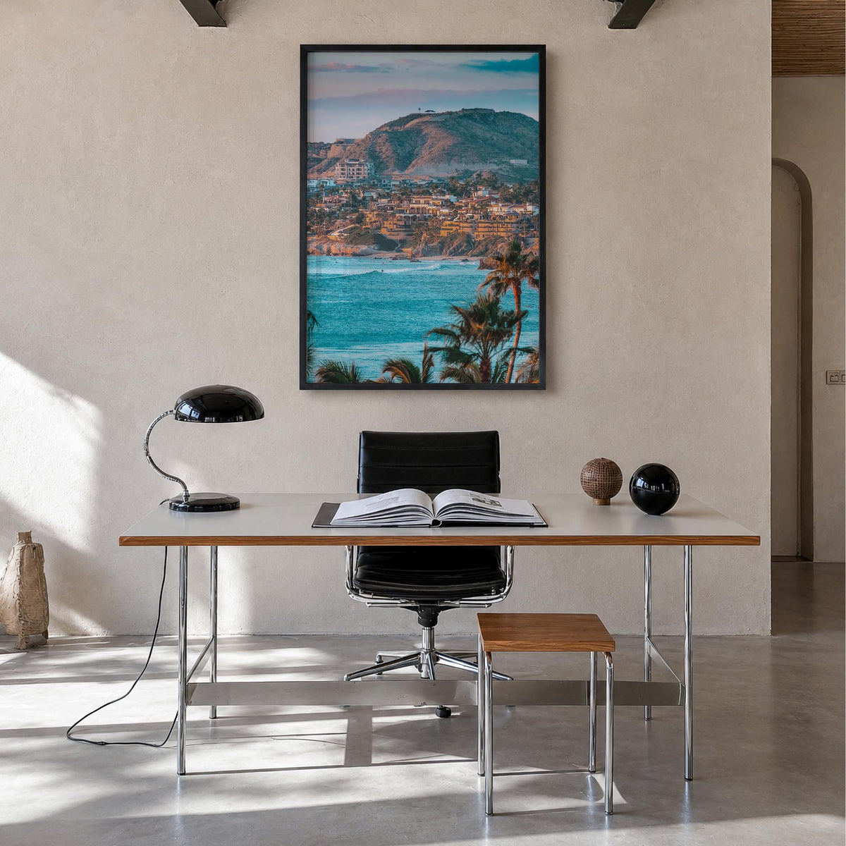 Cabo San Lucas no. 2 colorful photo poster of Mexico – vertical wall art in black wood frame, hanging on wall