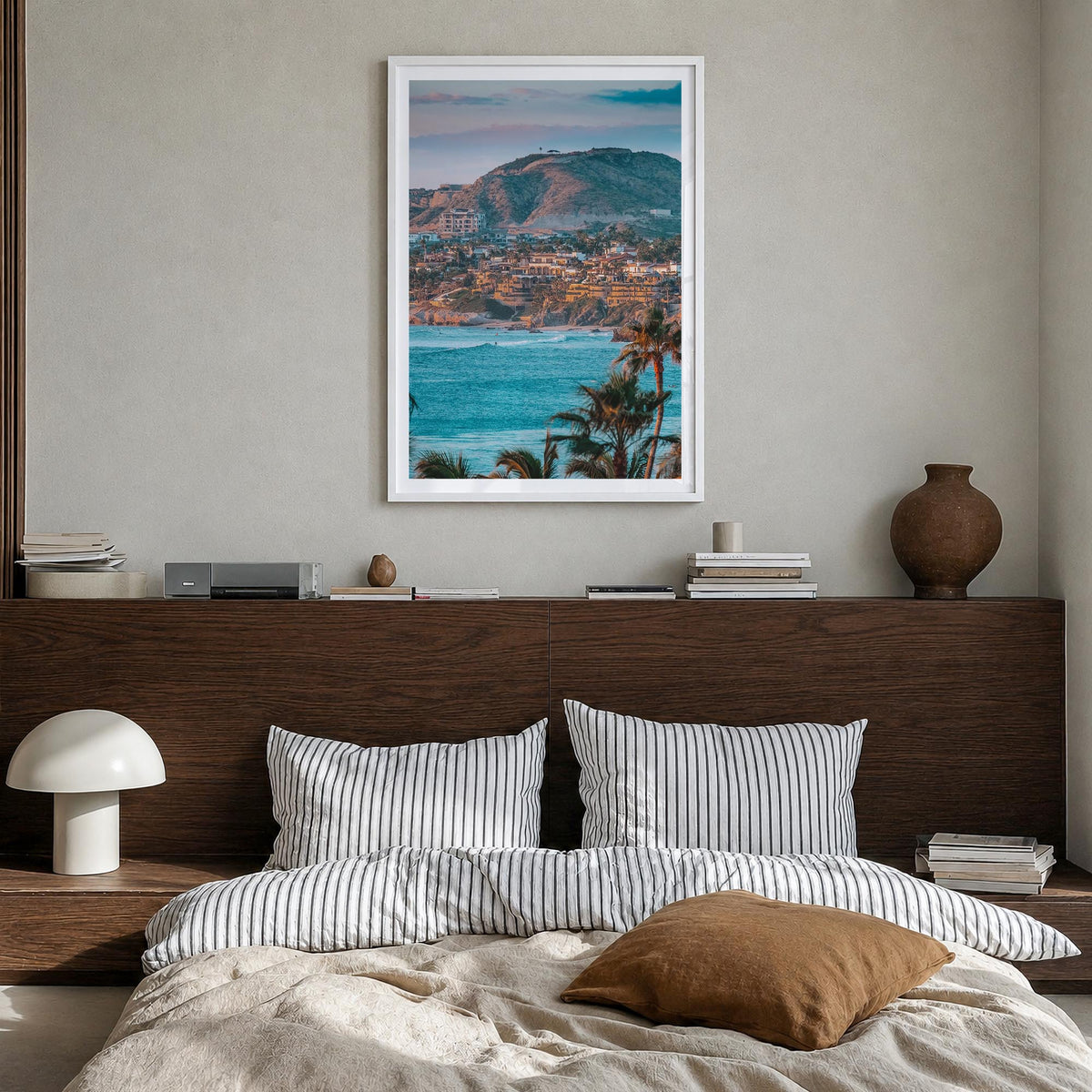 Cabo San Lucas no. 2 colorful photo poster of Mexico – vertical wall art in white wood frame with white border, hanging on wa