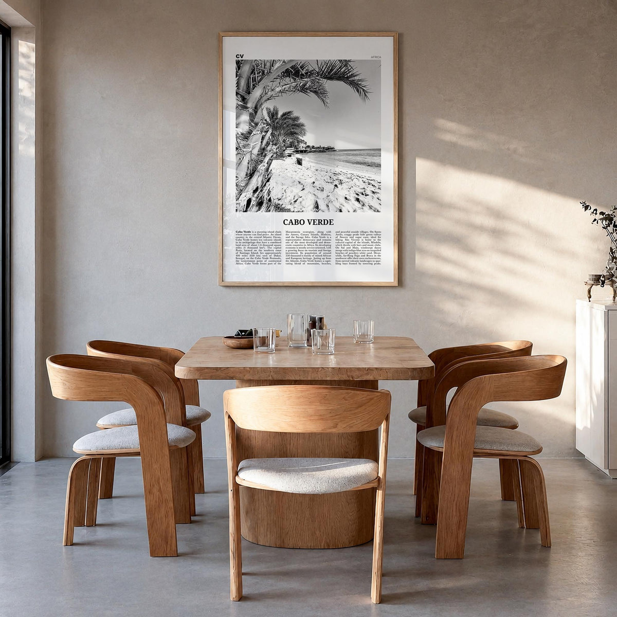 Cabo Verde black & white newspaper poster of Africa – vertical wall art in natural wood frame, hanging on wall