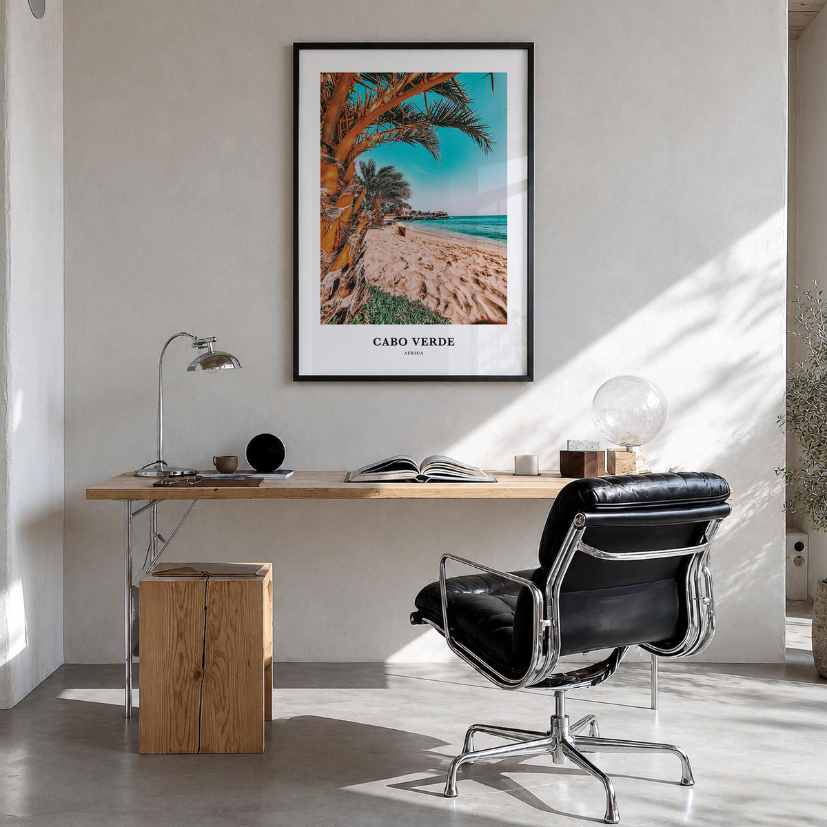 Cabo Verde colorful classic poster of Africa – vertical wall art in black wood frame, hanging on wall
