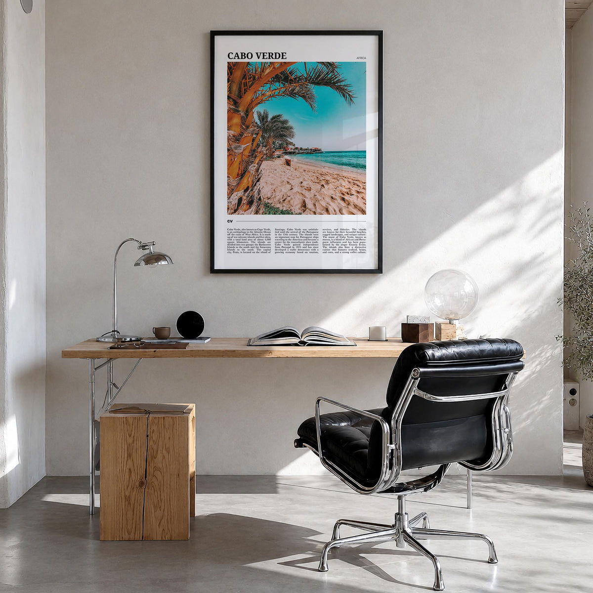 Cabo Verde colorful travel poster of Africa – vertical wall art in black wood frame, hanging on wall