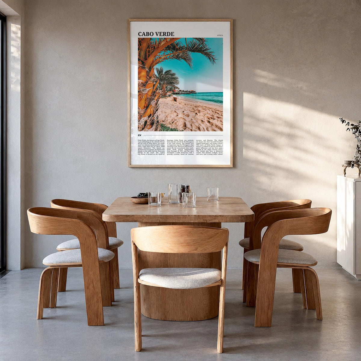 Cabo Verde colorful travel poster of Africa – vertical wall art in natural wood frame, hanging on wall