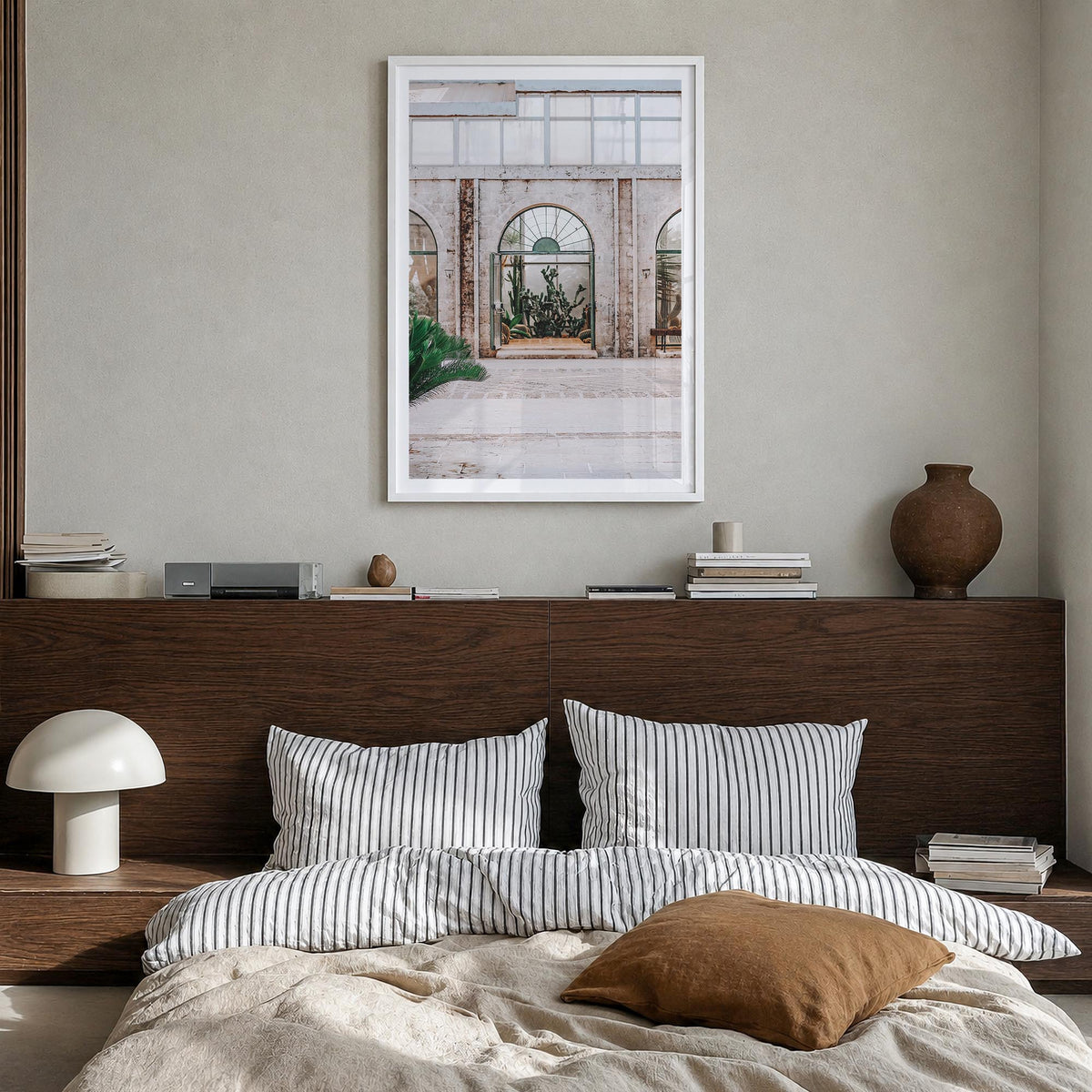 Cactus no. 3 colorful photo poster – vertical wall art in white wood frame with white border, hanging on wall