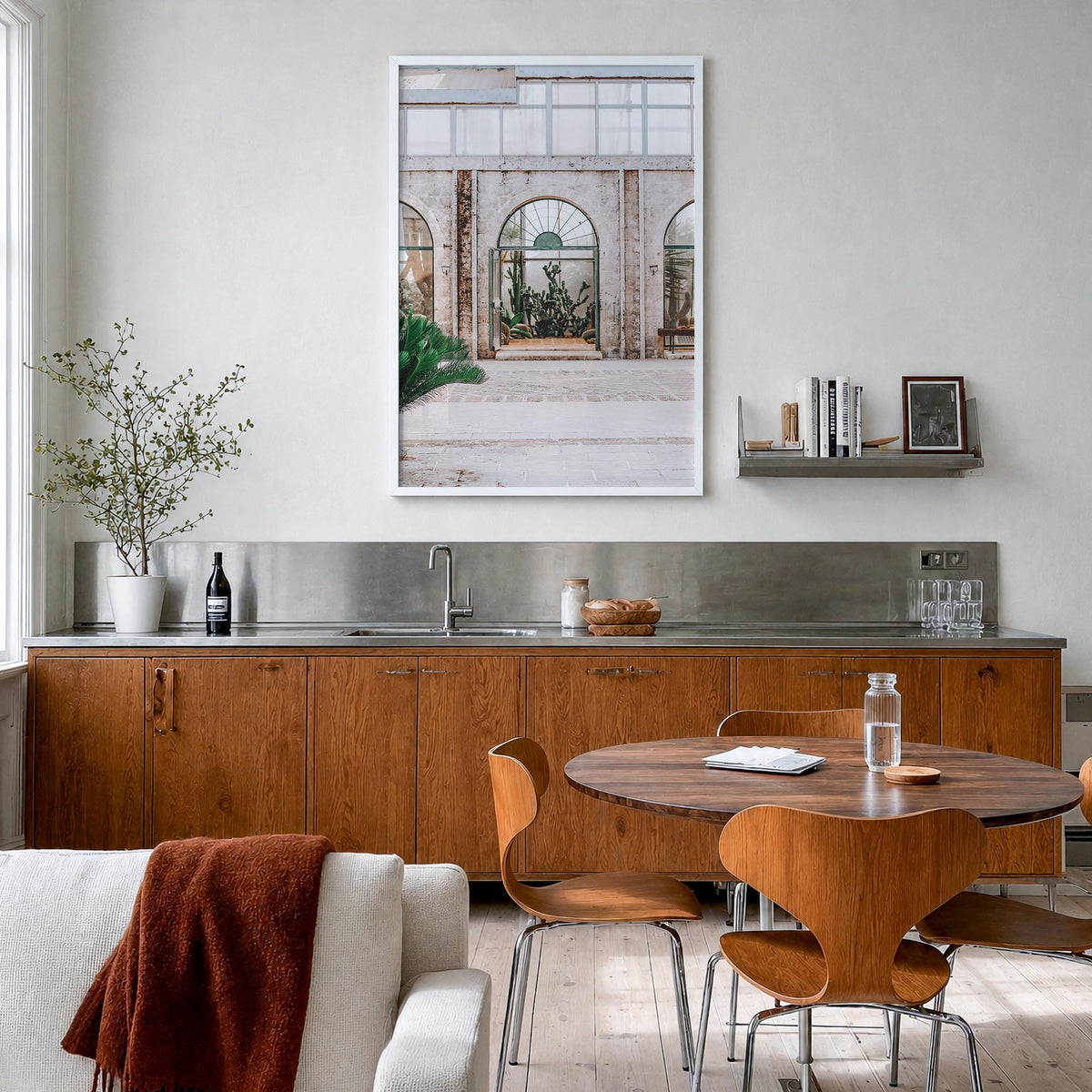 Cactus no. 3 colorful photo poster – vertical wall art in white wood frame, hanging on wall