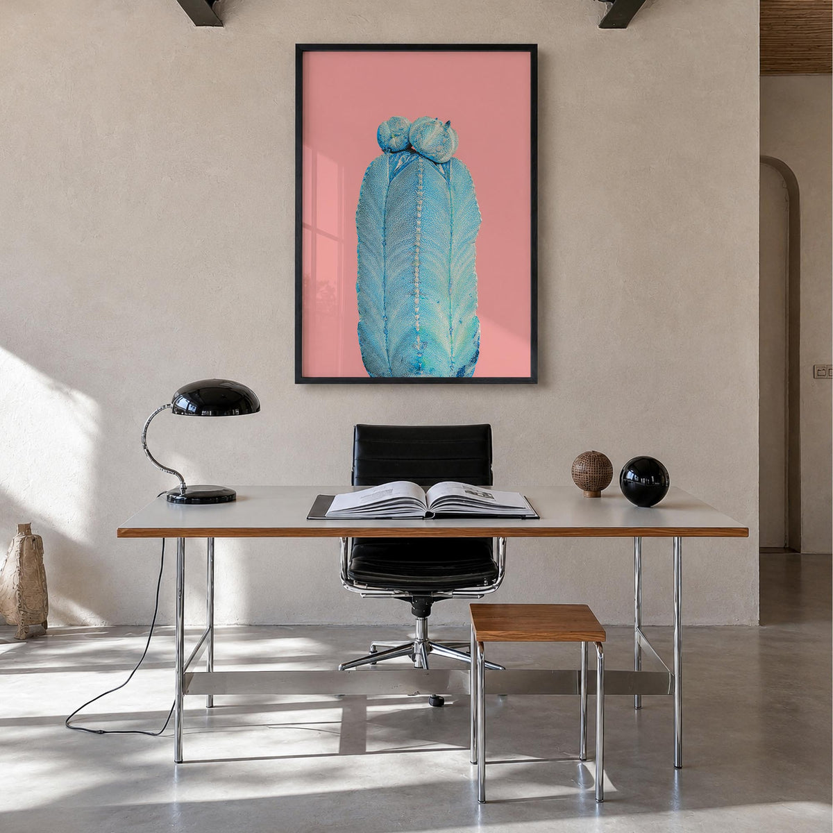Cactus no. 4 colorful photo poster – vertical wall art in black wood frame, hanging on wall
