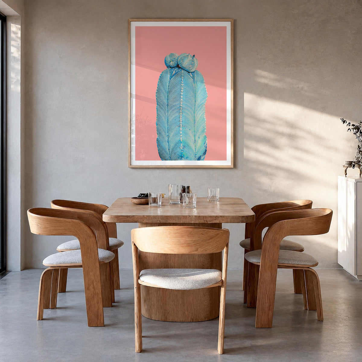 Cactus no. 4 colorful photo poster – vertical wall art in natural wood frame with white border, hanging on wall