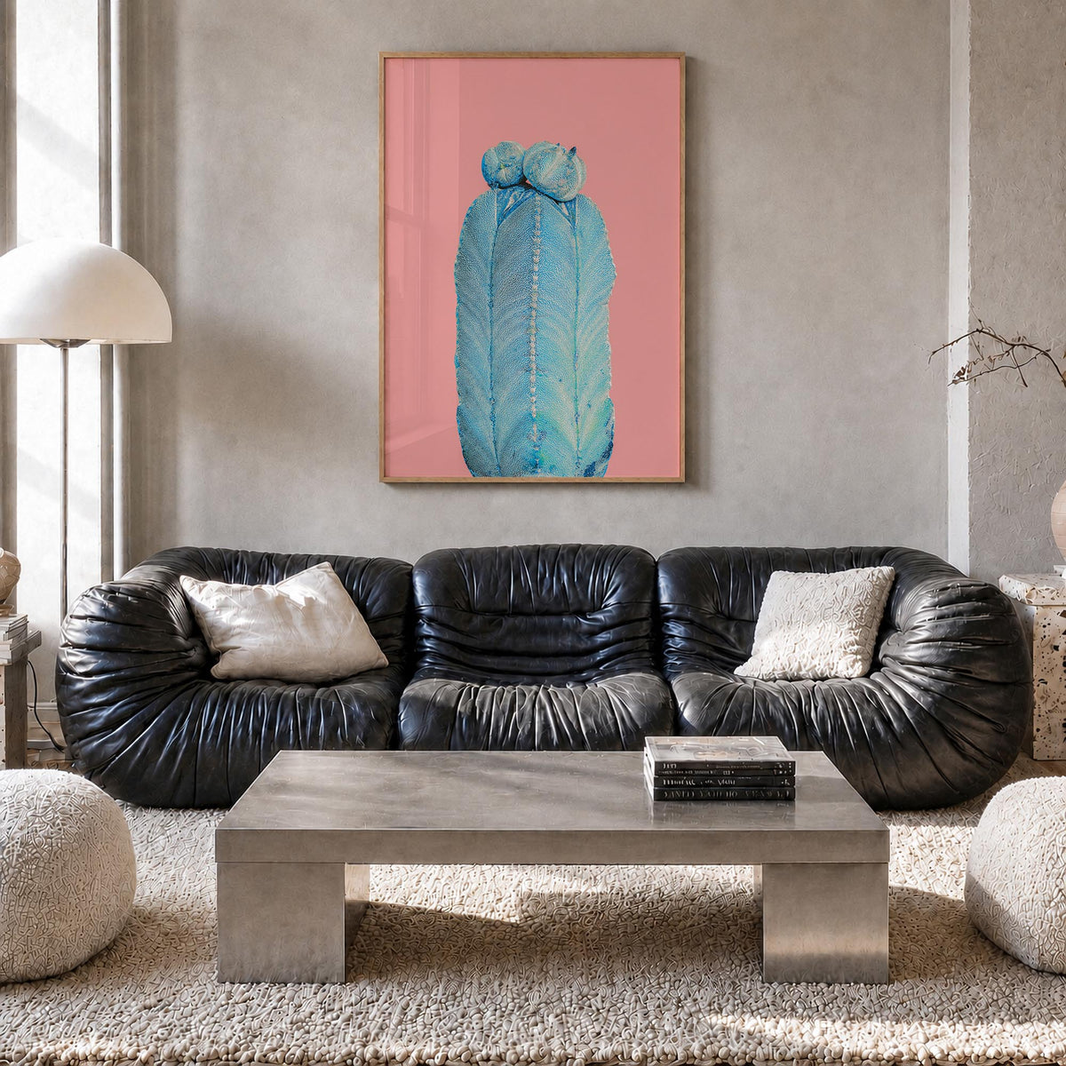 Cactus no. 4 colorful photo poster – vertical wall art in natural wood frame, hanging on wall