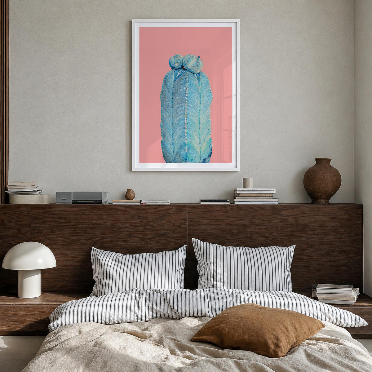 Cactus no. 4 colorful photo poster – vertical wall art in white wood frame with white border, hanging on wall