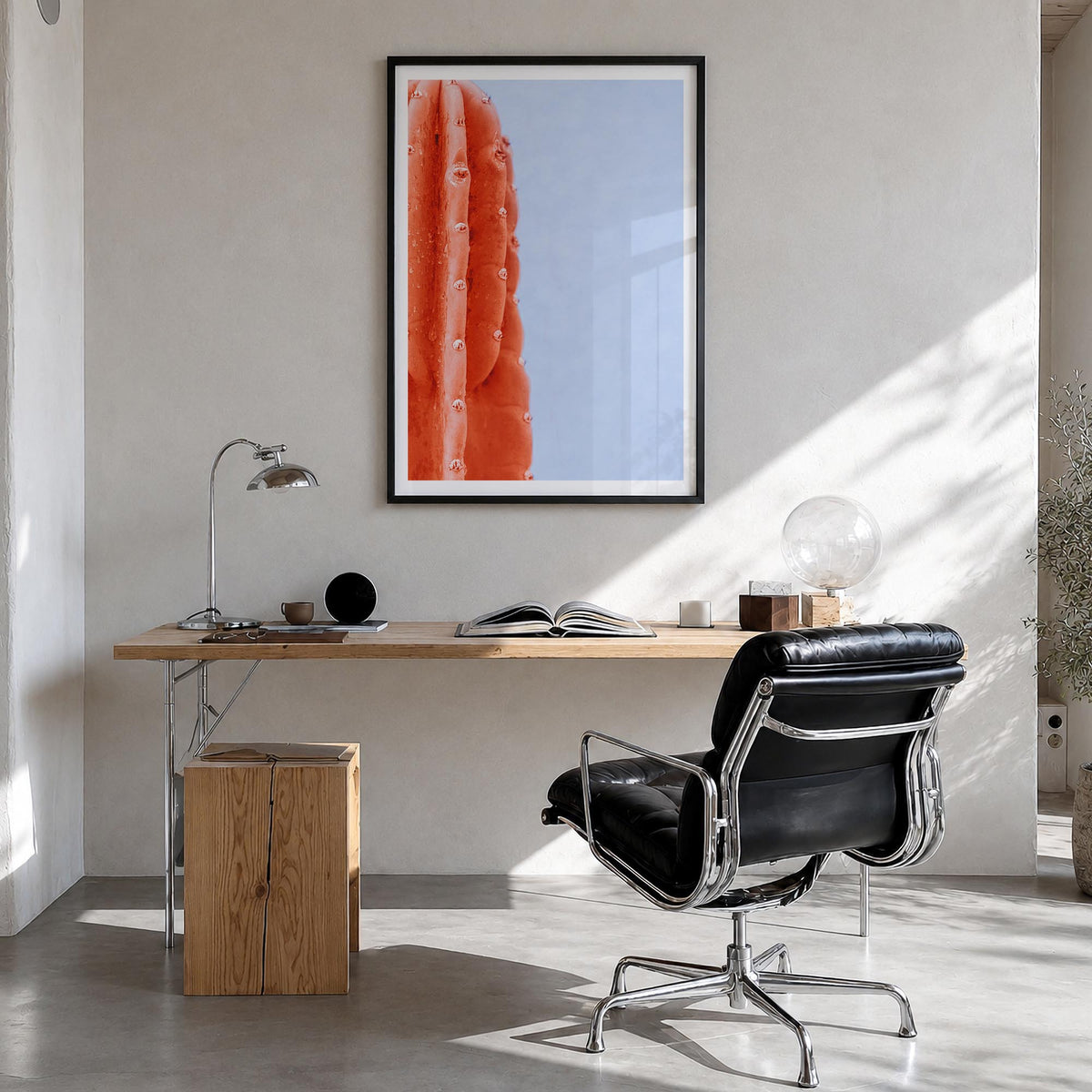 Cactus no. 5 colorful photo poster – vertical wall art in black wood frame with white border, hanging on wall
