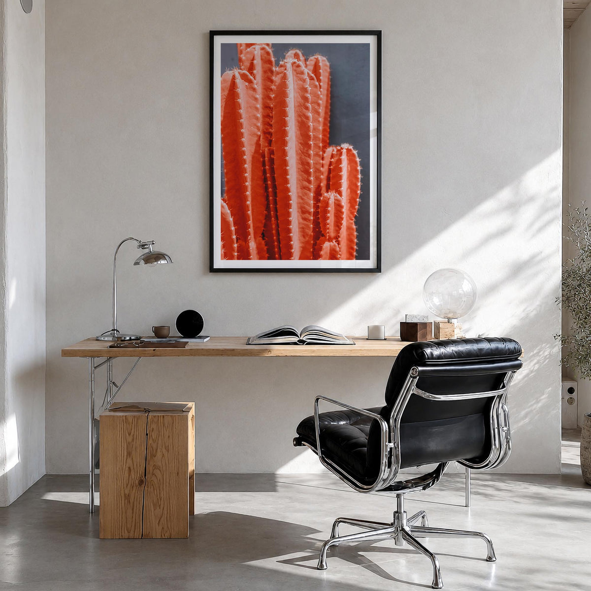 Cactus no. 6 colorful photo poster – vertical wall art in black wood frame with white border, hanging on wall