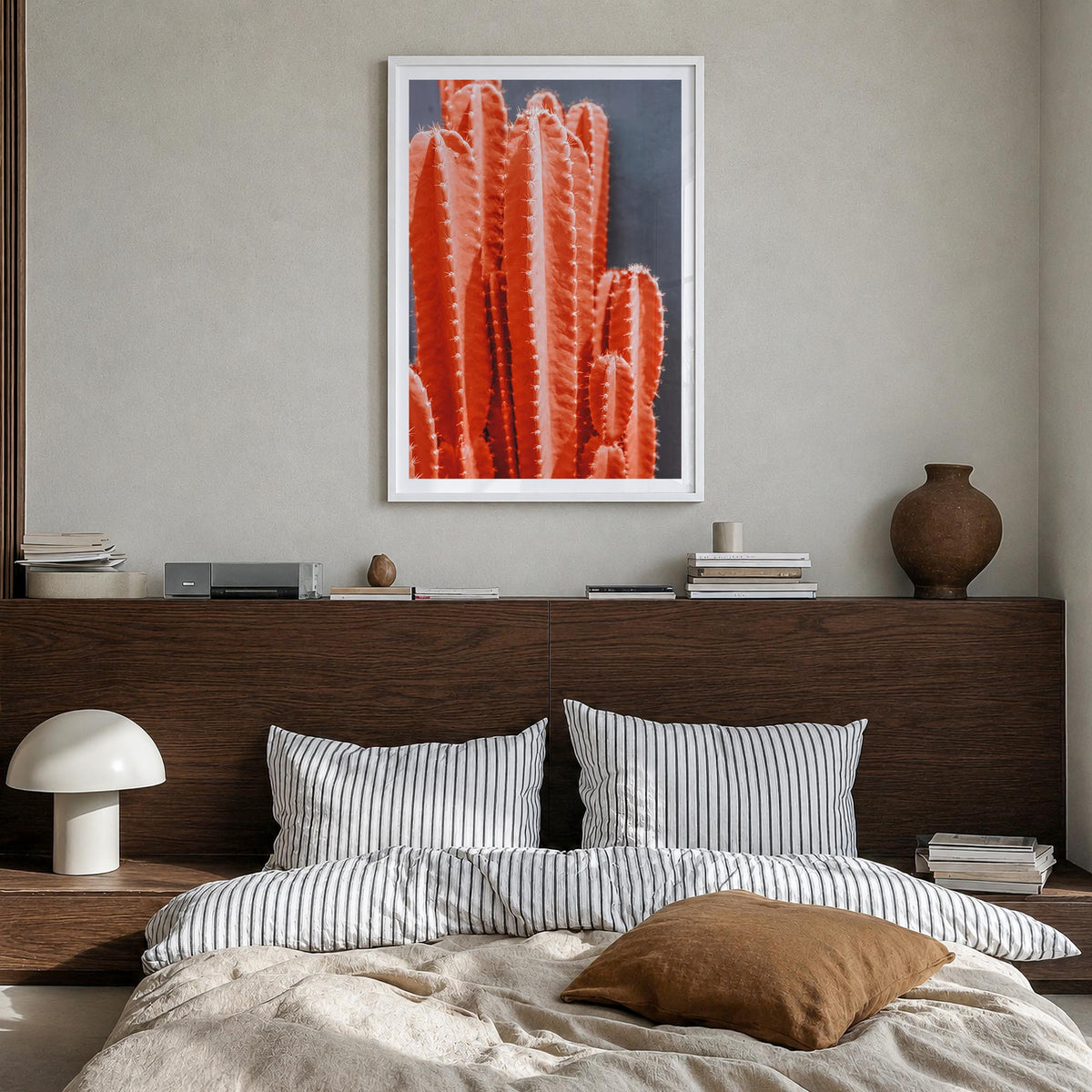 Cactus no. 6 colorful photo poster – vertical wall art in white wood frame with white border, hanging on wall