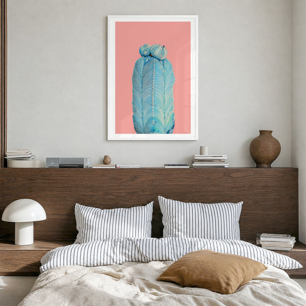 Cactus Photo No 5 Poster in a white wood frame, hanging in a bedroom, white border