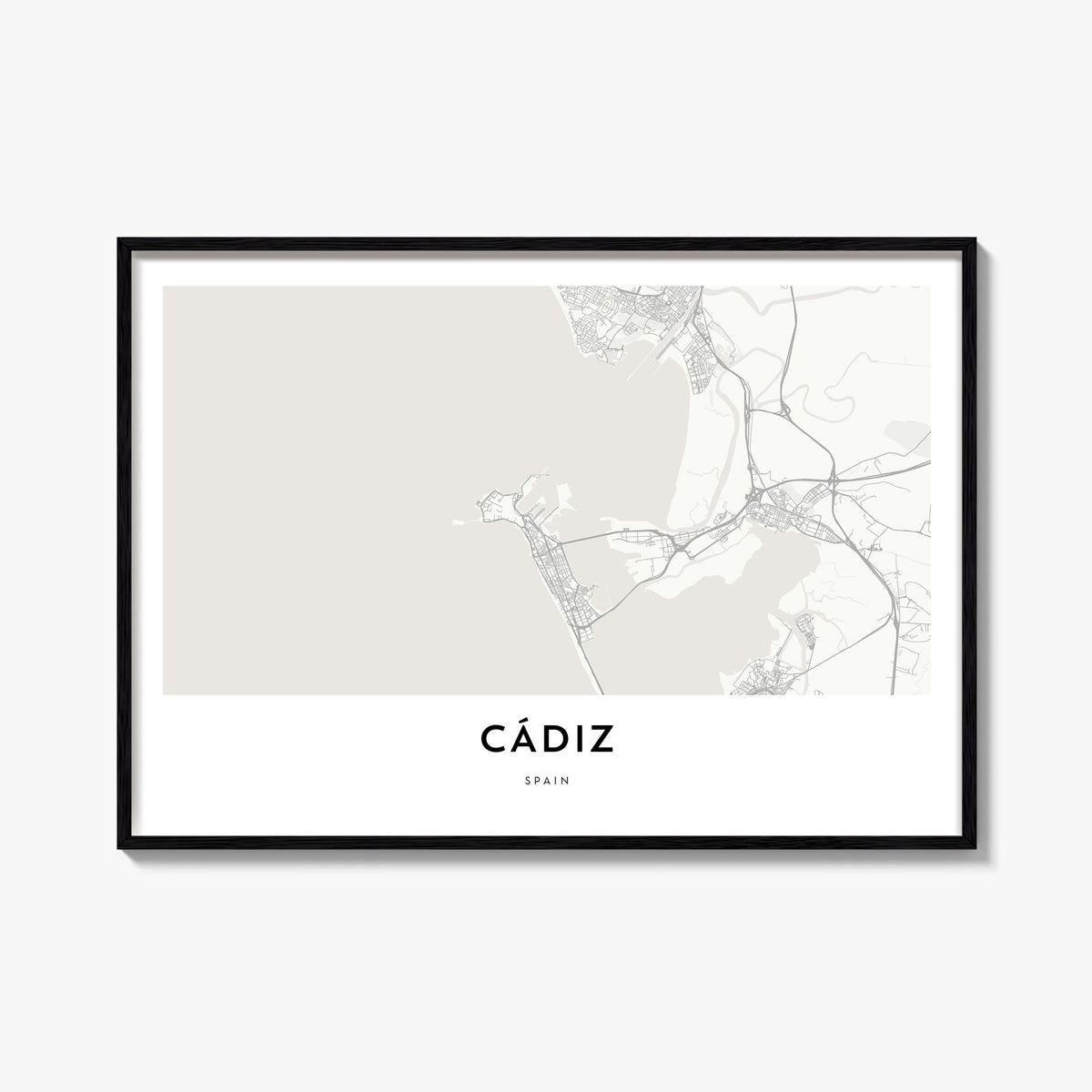 Cádiz black & white map poster of Spain – horizontal wall art, unframed print shown in interior mockup