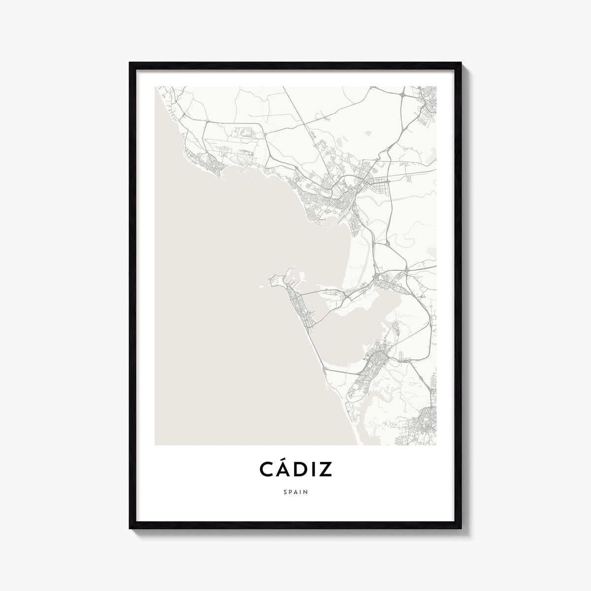 Cádiz black & white map poster of Spain – vertical wall art, unframed print shown in interior mockup