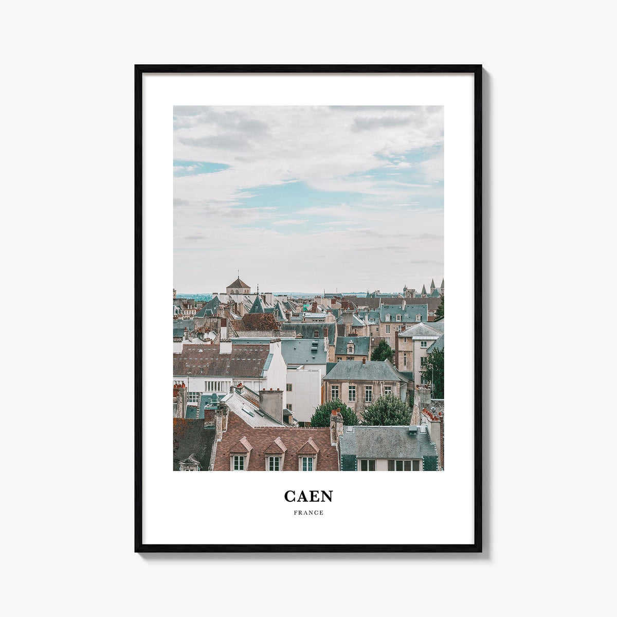 Caen colorful classic poster of France – vertical wall art, unframed print shown in interior mockup