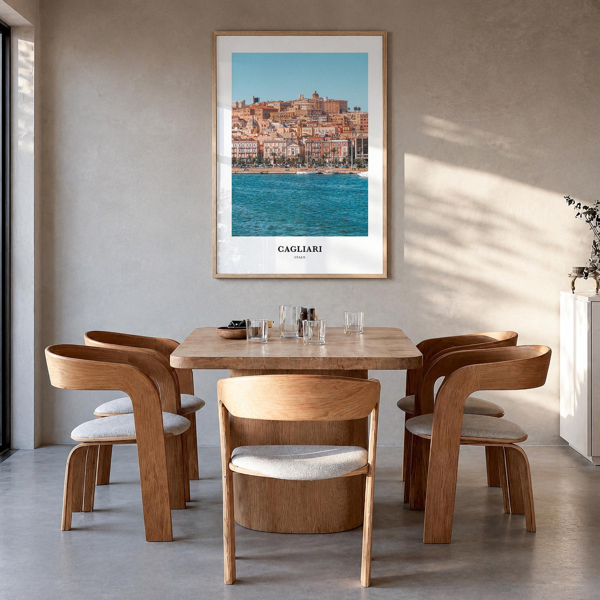 Cagliari colorful classic poster of Italy – vertical wall art in natural wood frame, hanging on wall