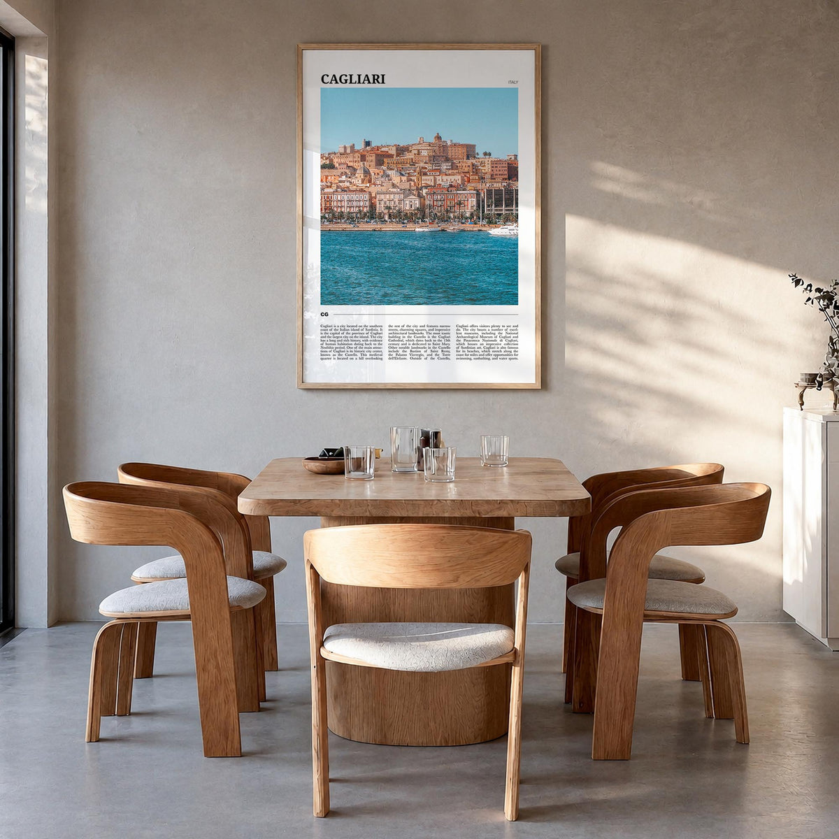 Cagliari colorful travel poster of Italy – vertical wall art in natural wood frame, hanging on wall