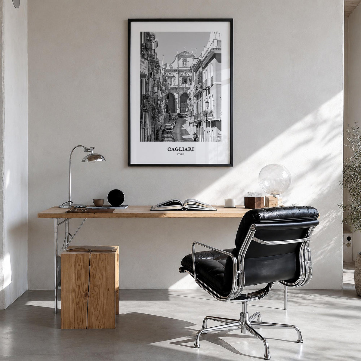 Cagliari no. 2 black & white classic poster of Italy – vertical wall art in black wood frame, hanging on wall