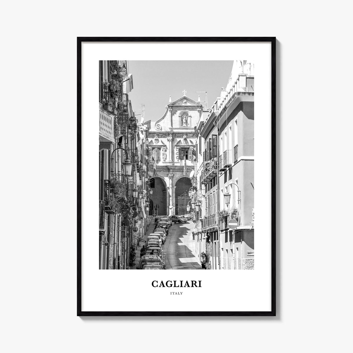Cagliari no. 2 black & white classic poster of Italy – vertical wall art, unframed print shown in interior mockup