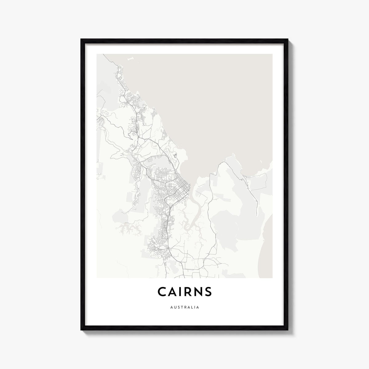 Cairns black & white map poster of Queensland, Australia – vertical wall art, unframed print shown in interior mockup