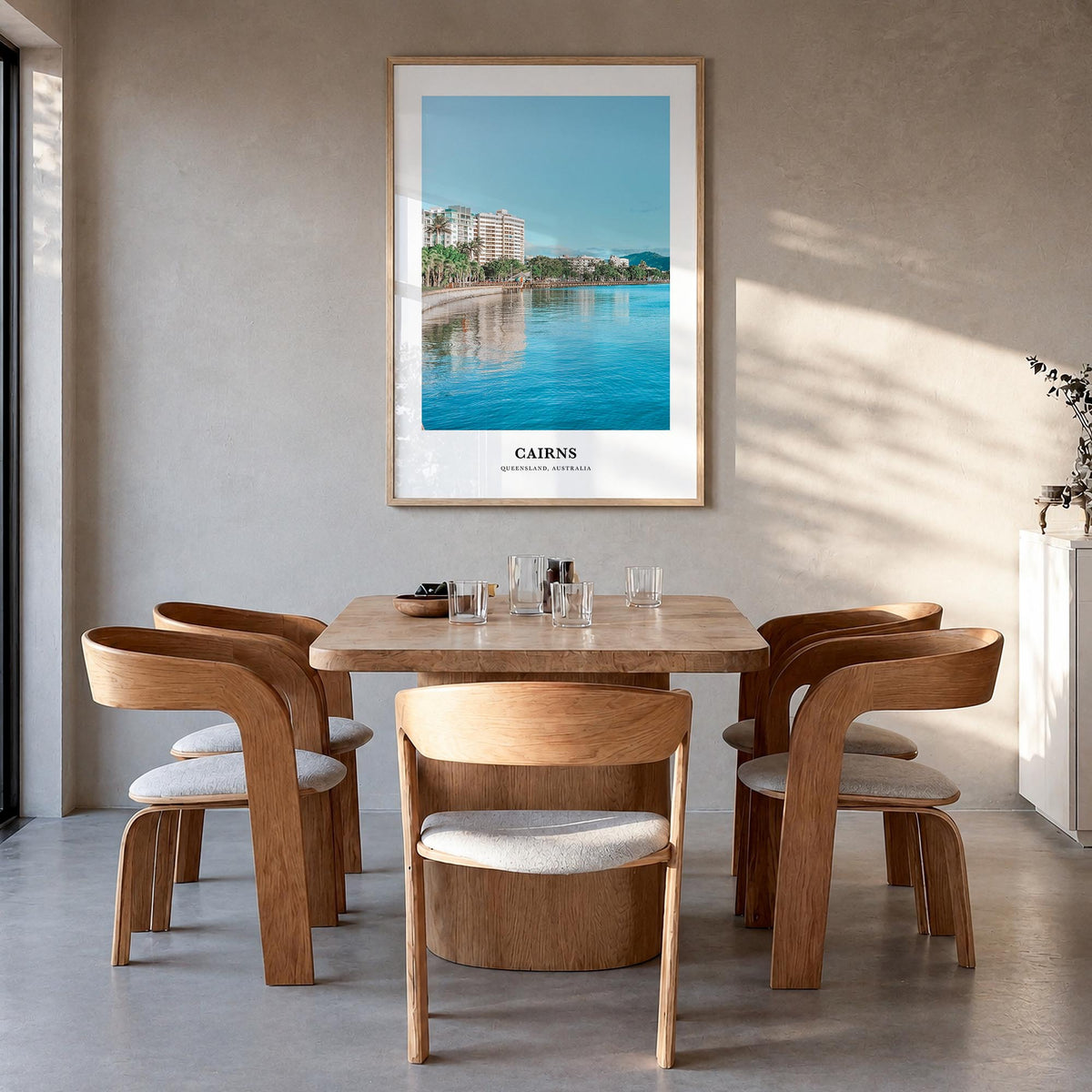 Cairns colorful classic poster of Queensland, Australia – vertical wall art in natural wood frame, hanging on wall
