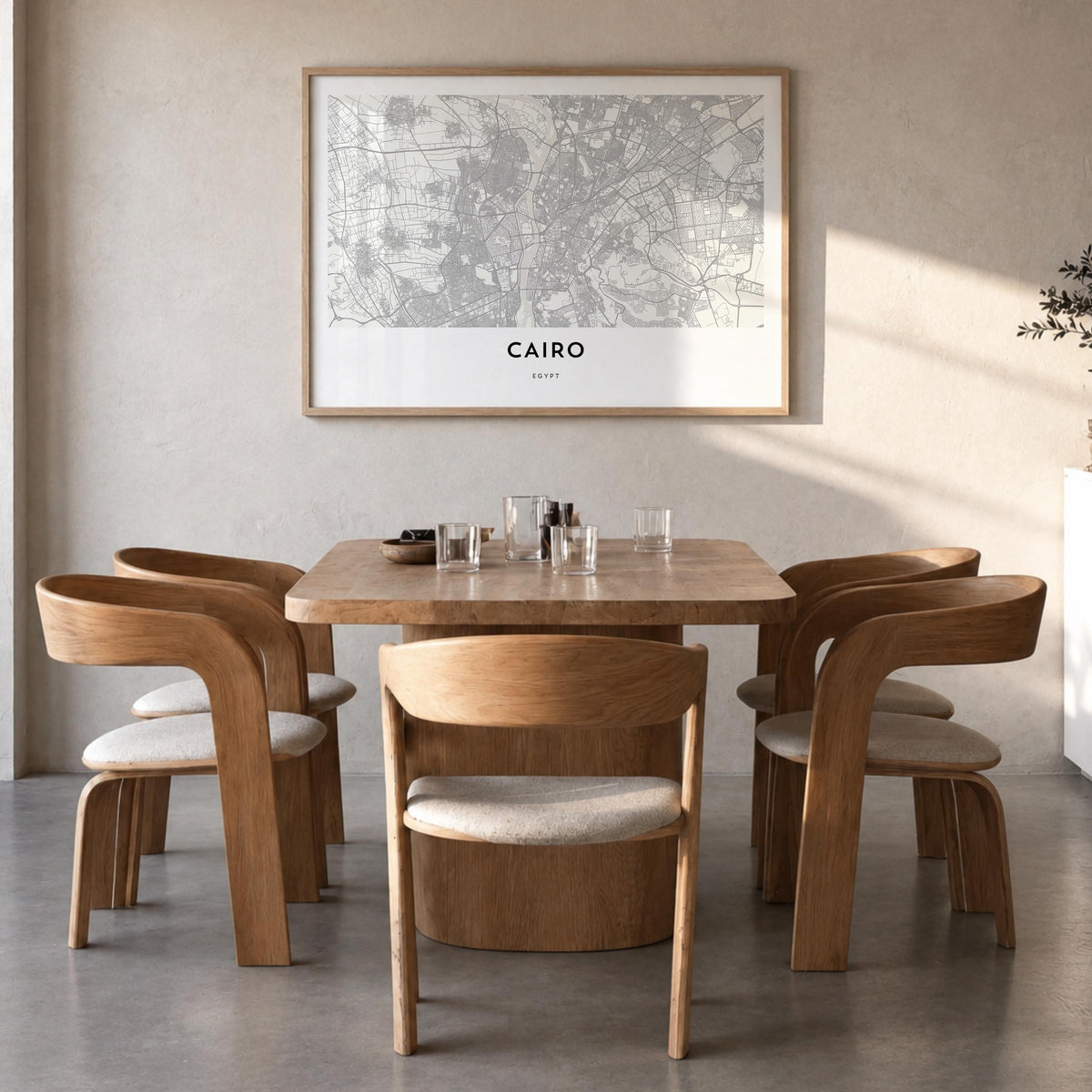 Cairo black & white map poster of Egypt – horizontal wall art in natural wood frame, hanging on wall