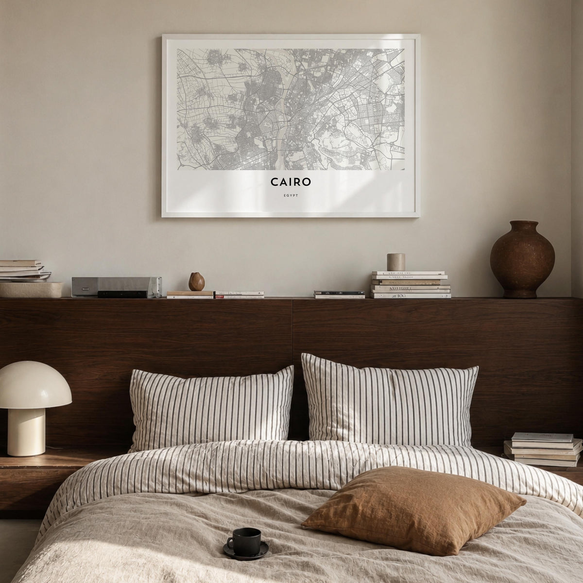 Cairo black & white map poster of Egypt – horizontal wall art in white wood frame, hanging on wall