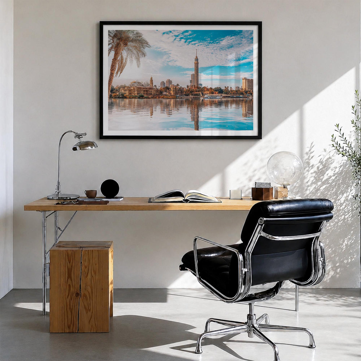 Cairo colorful photo poster of Egypt – horizontal wall art in black wood frame with white border, hanging on wall