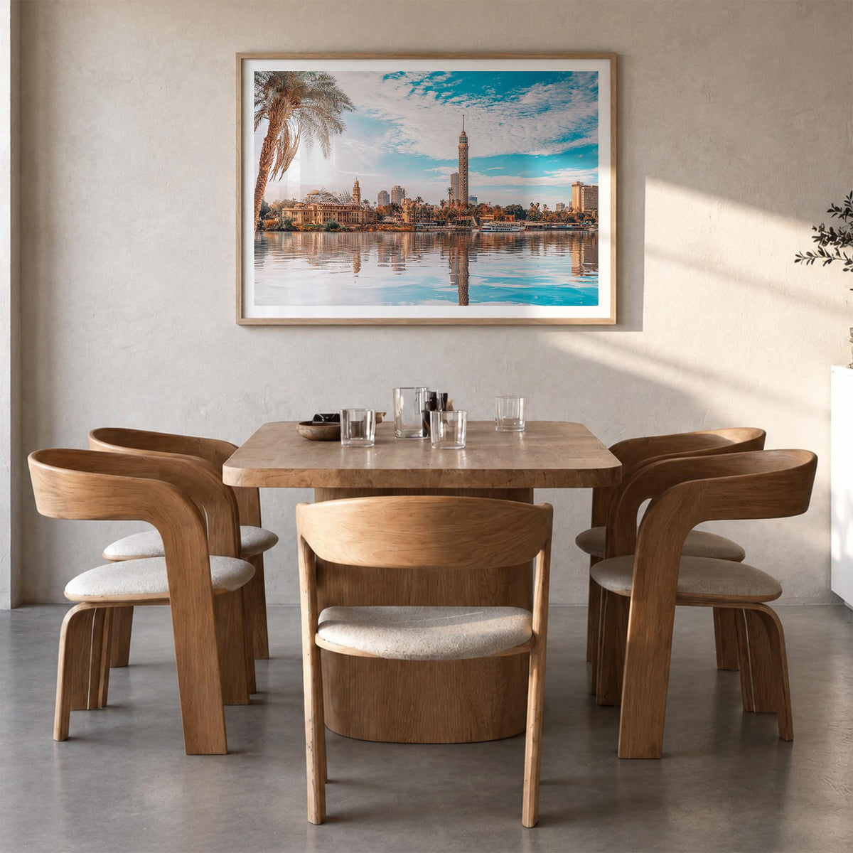 Cairo colorful photo poster of Egypt – horizontal wall art in natural wood frame with white border, hanging on wall