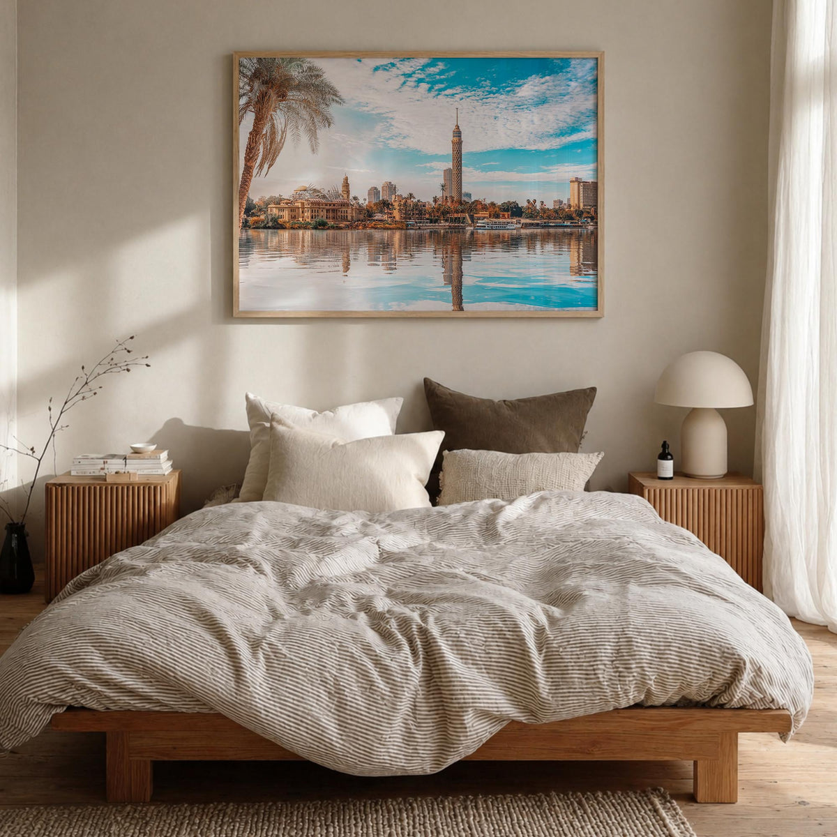 Cairo colorful photo poster of Egypt – horizontal wall art in natural wood frame, hanging on wall