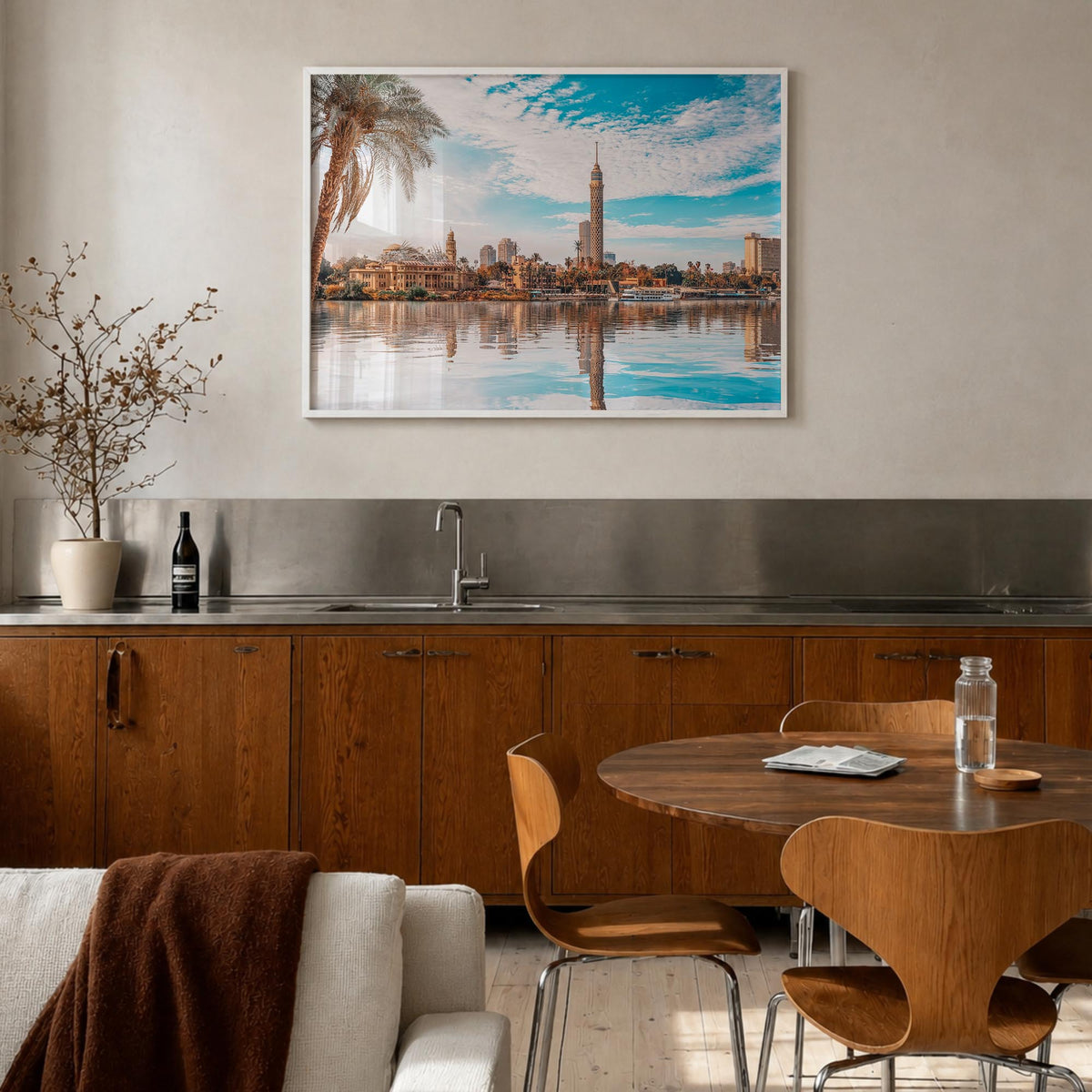 Cairo colorful photo poster of Egypt – horizontal wall art in white wood frame, hanging on wall