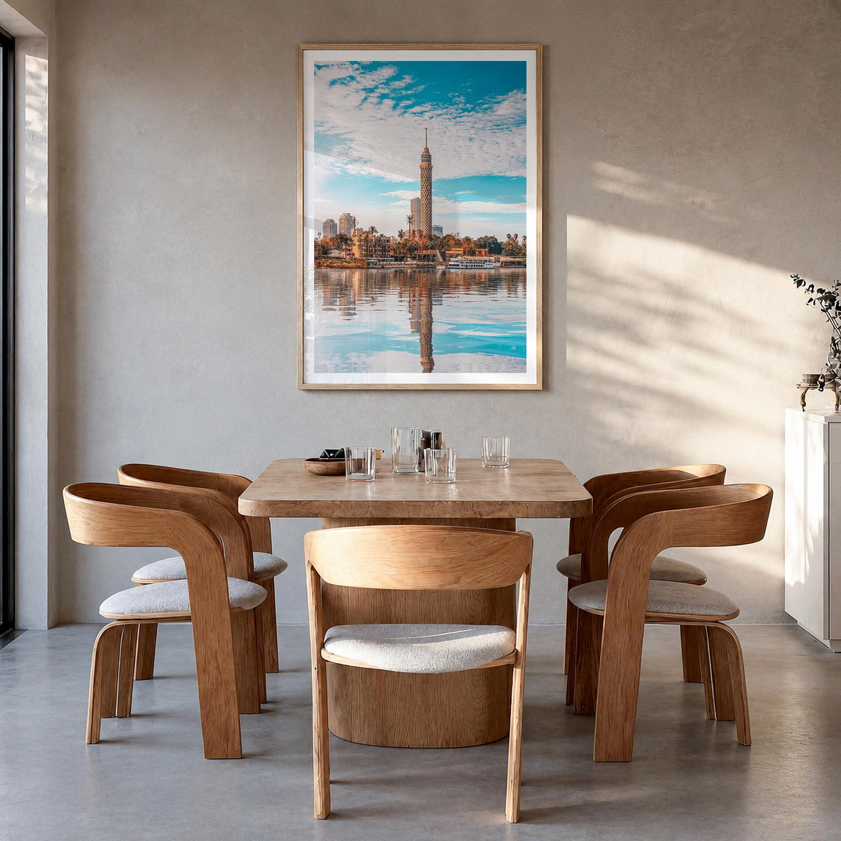 Cairo no. 1 colorful photo poster of Egypt – vertical wall art in natural wood frame with white border, hanging on wall