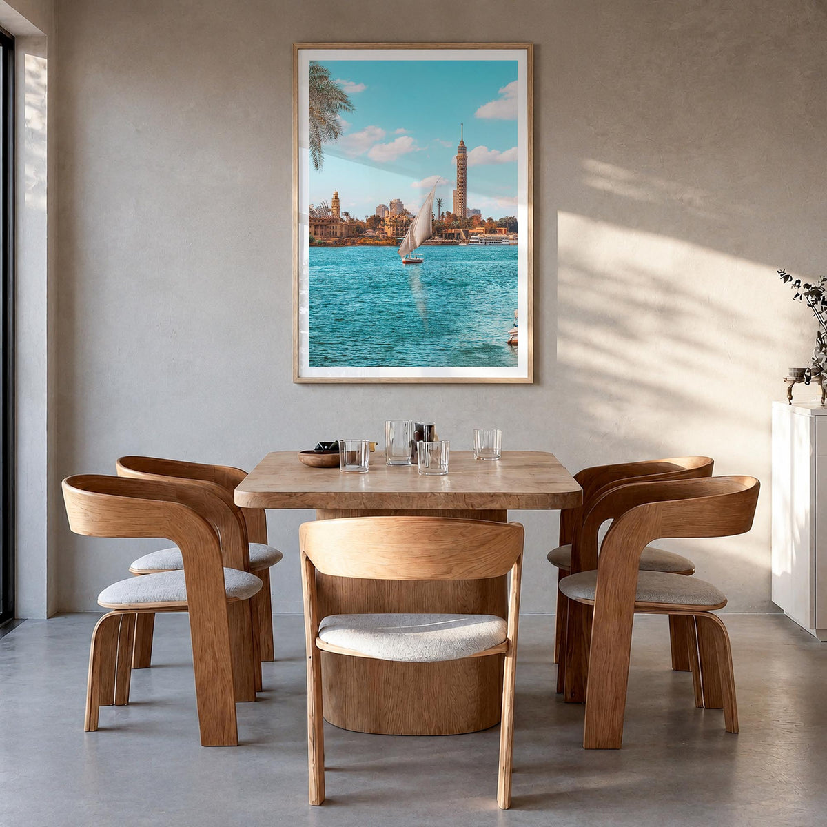 Cairo no. 3 colorful photo poster of Egypt – vertical wall art in natural wood frame with white border, hanging on wall