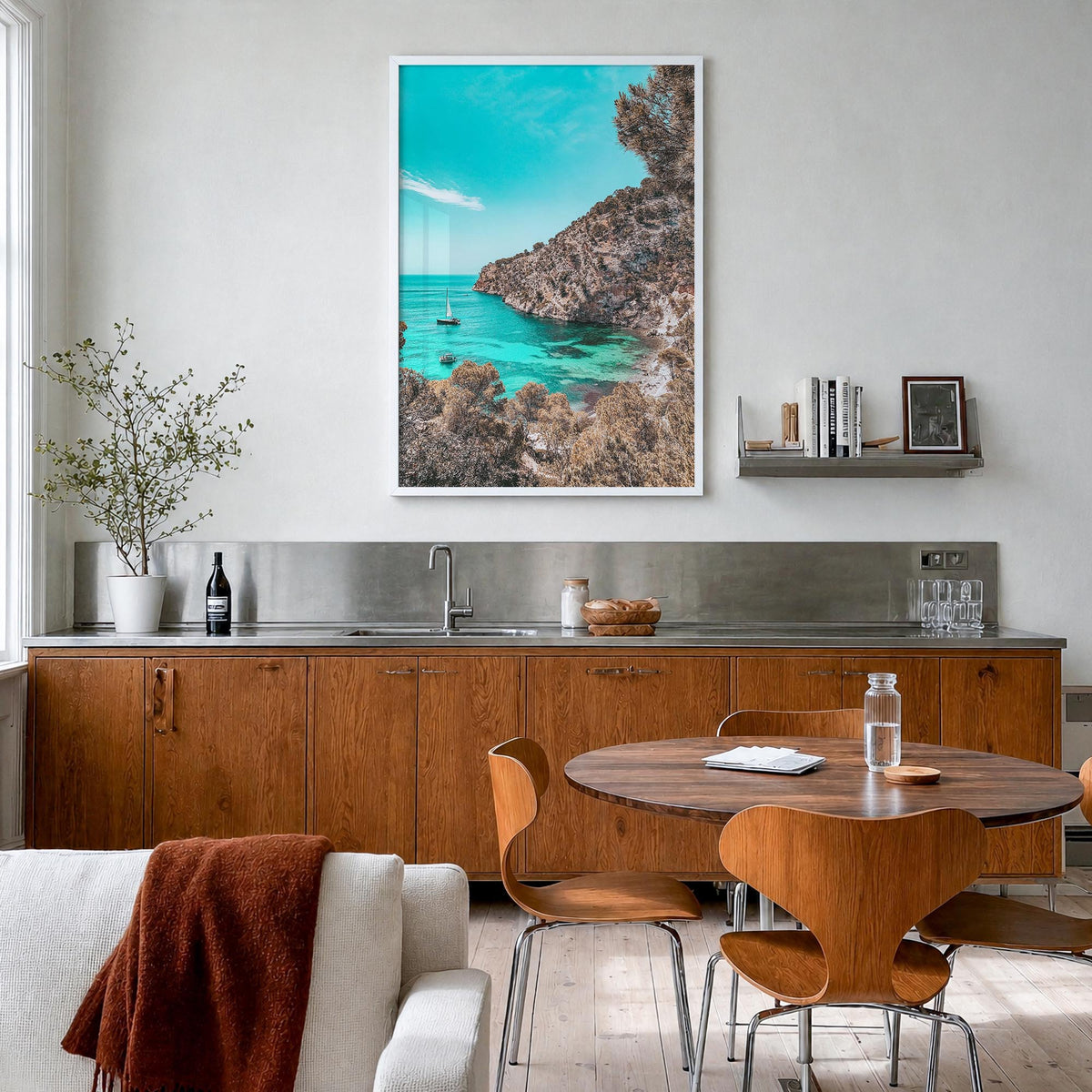 Cala Blanca colorful photo poster of Spain – vertical wall art in white wood frame, hanging on wall