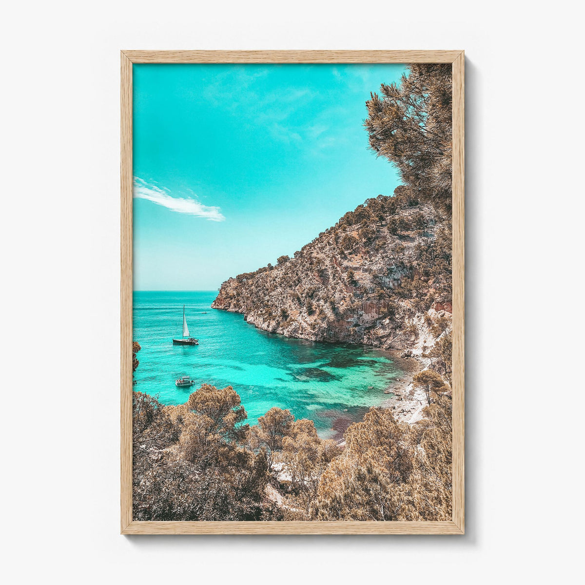 Cala Blanca Photo Poster in a natural wood frame, full image (no border)