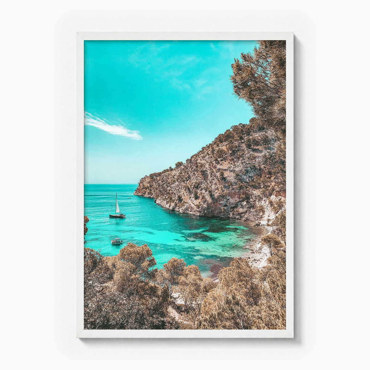 Cala Blanca Photo Poster in a white wood frame, full image (no border)