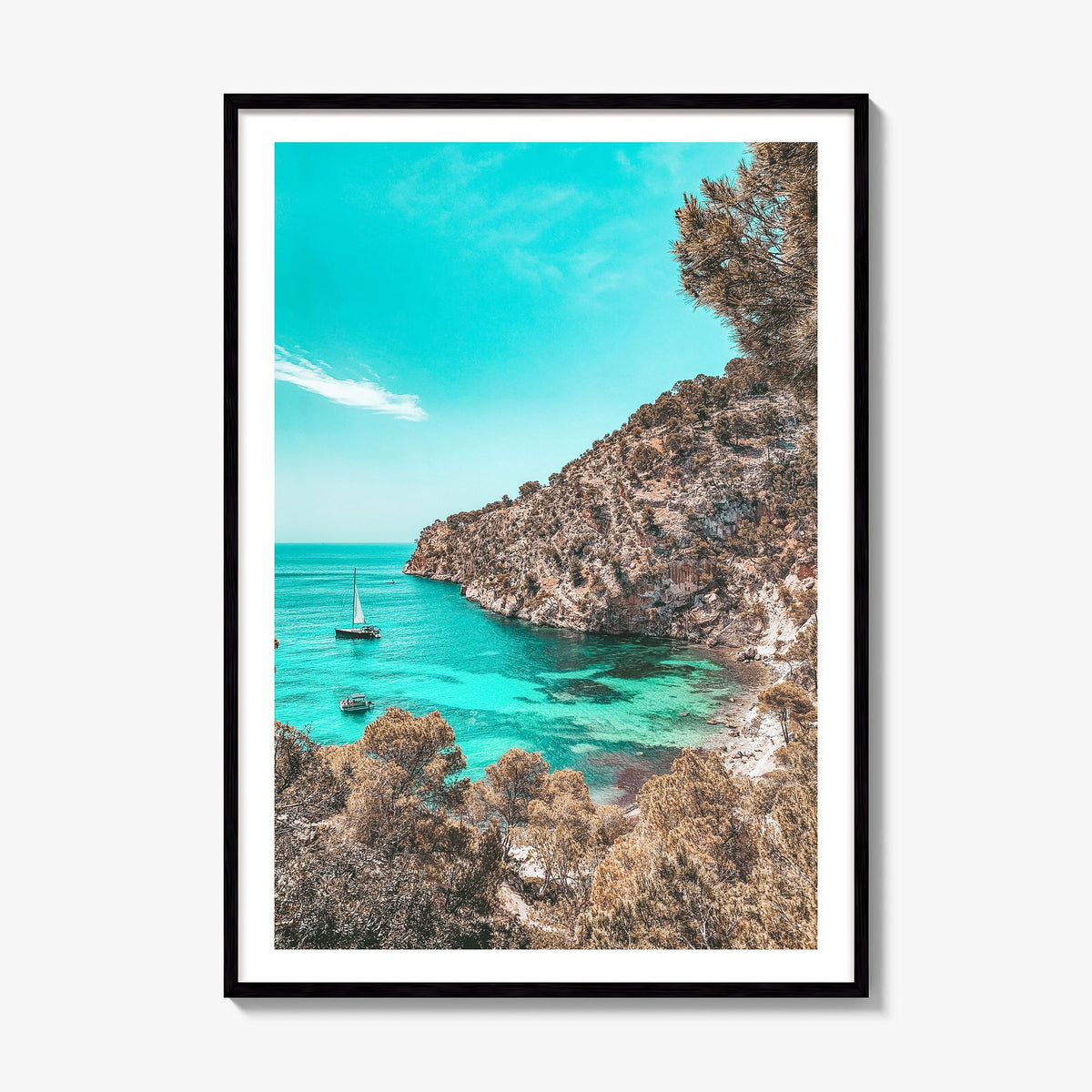 Cala Blanca Photo Poster, framed poster mockup, white border