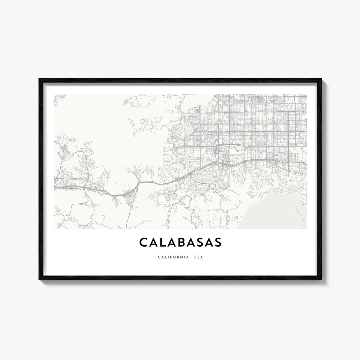 Calabasas black & white map poster of California, USA – horizontal wall art, unframed print shown in interior mockup