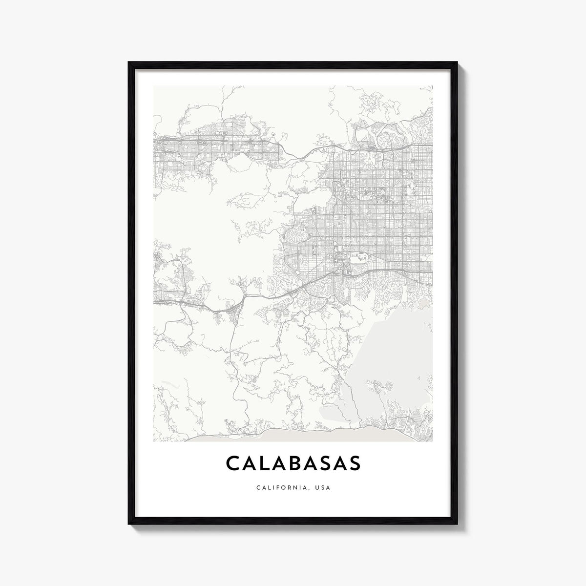 Calabasas black & white map poster of California, USA – vertical wall art, unframed print shown in interior mockup