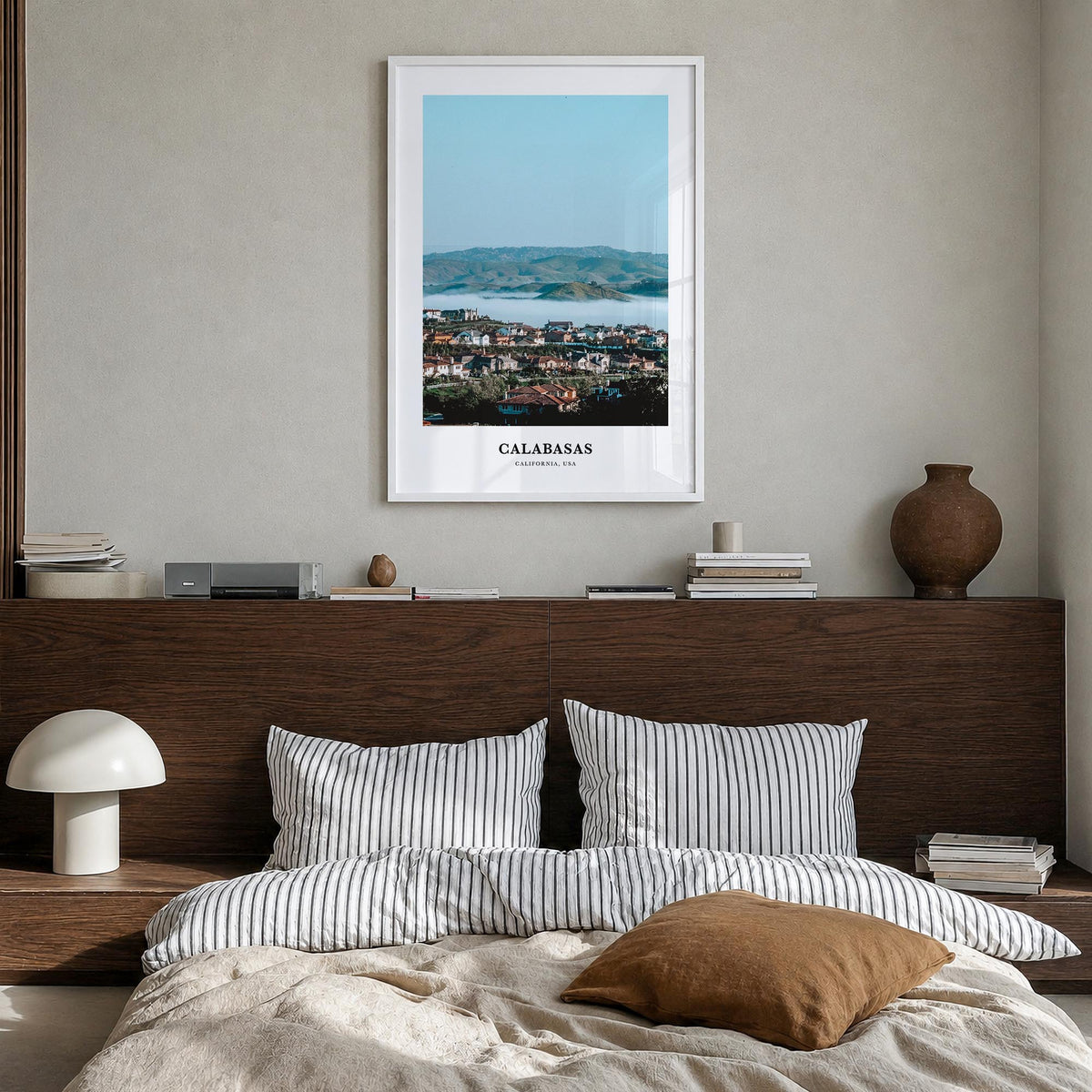 Calabasas colorful classic poster of California, USA – vertical wall art in white wood frame, hanging on wall