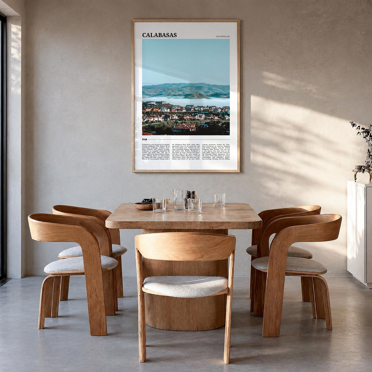 Calabasas colorful travel poster of California, USA – vertical wall art in natural wood frame, hanging on wall