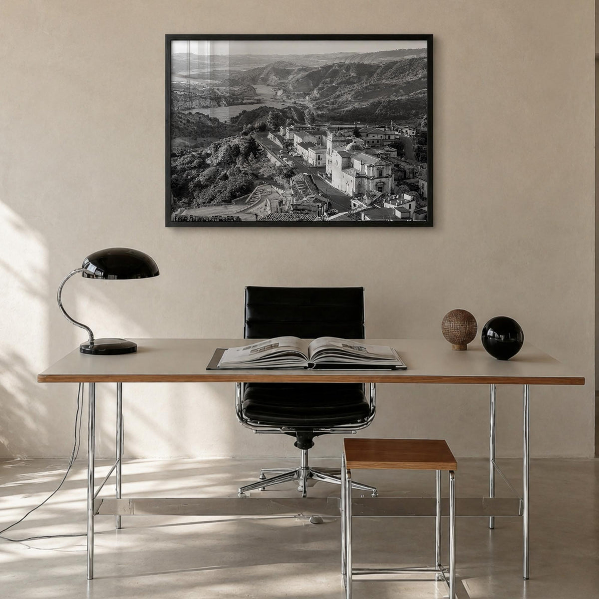 Calabria black & white photo poster of Italy – horizontal wall art in black wood frame, hanging on wall
