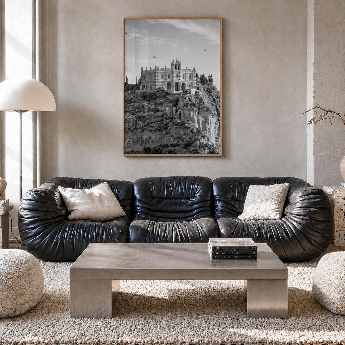 Calabria black & white photo poster of Italy – vertical wall art in natural wood frame, hanging on wall