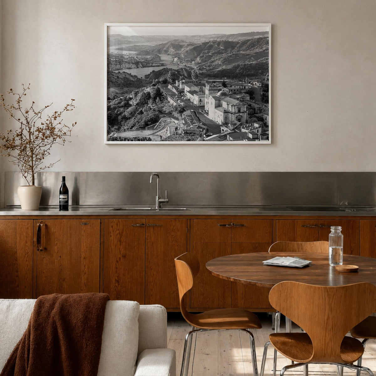 Calabria black & white photo poster of Italy – horizontal wall art in white wood frame, hanging on wall