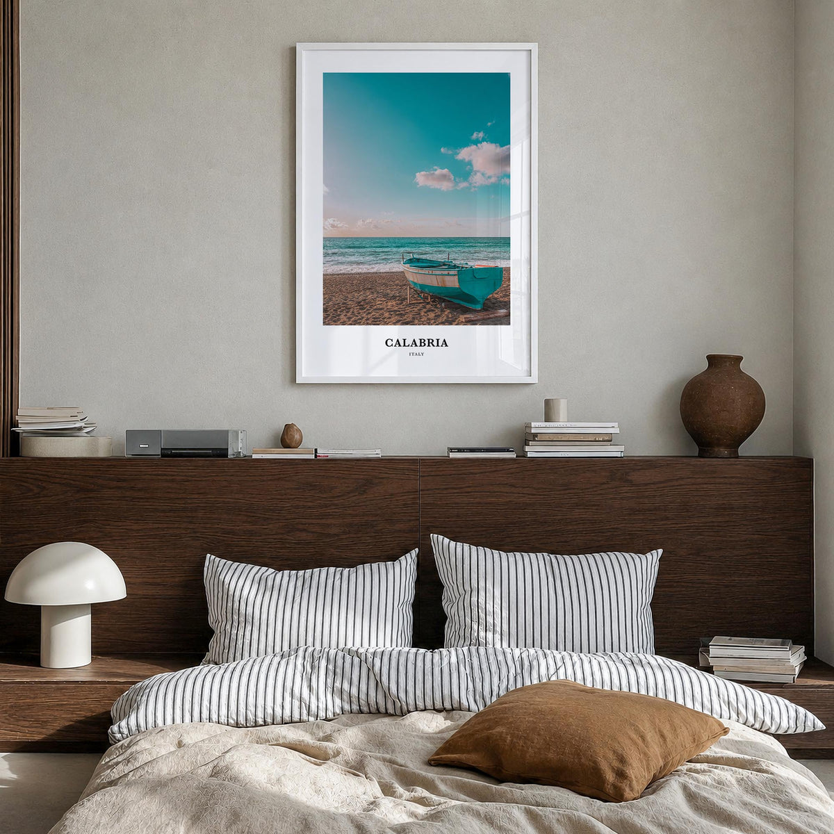 Calabria no. 1 colorful classic poster of Italy – vertical wall art in white wood frame, hanging on wall