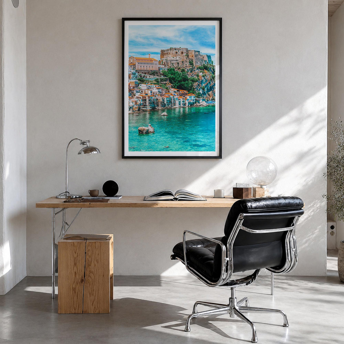 Calabria no. 1 colorful photo poster of Italy – vertical wall art in black wood frame with white border, hanging on wall