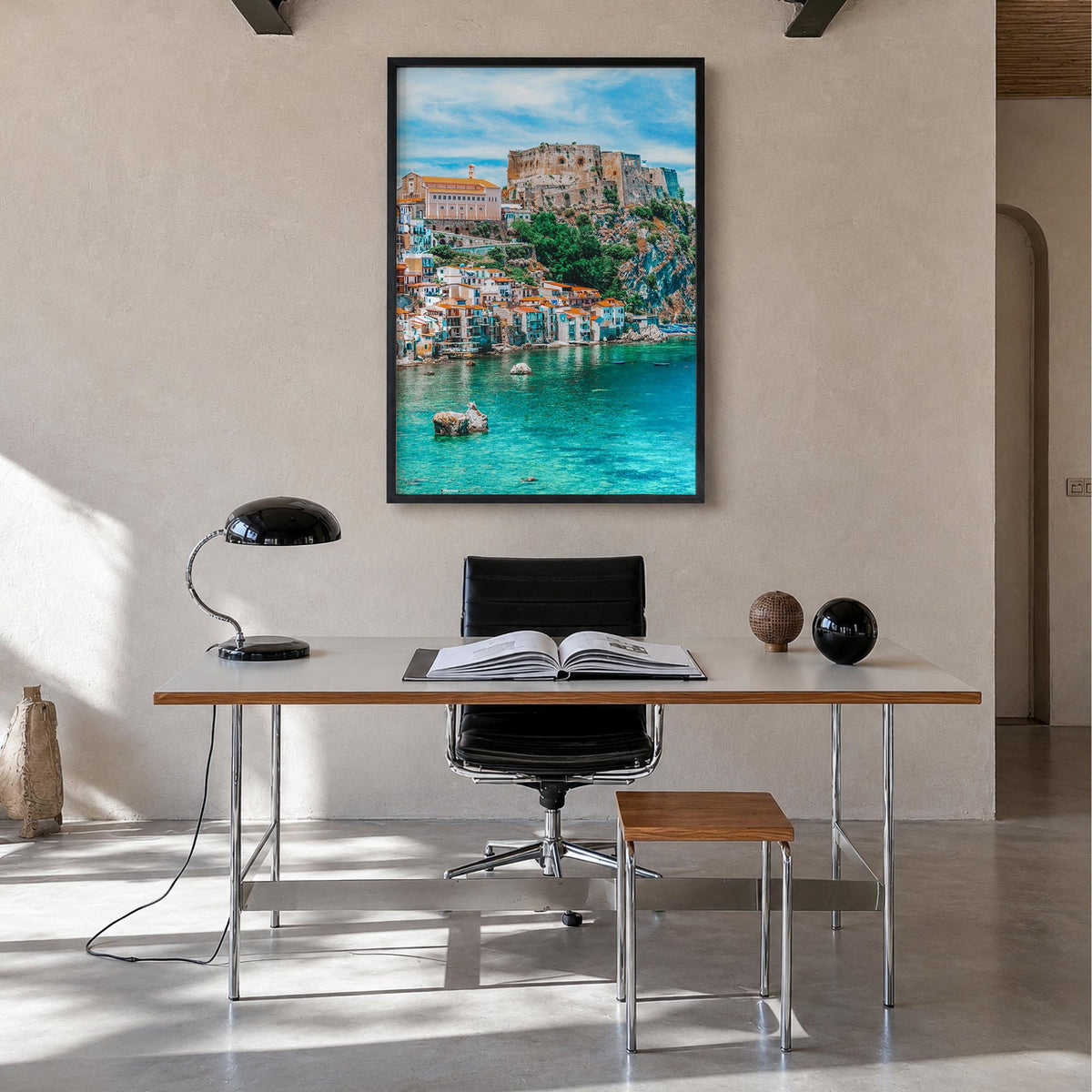 Calabria no. 1 colorful photo poster of Italy – vertical wall art in black wood frame, hanging on wall