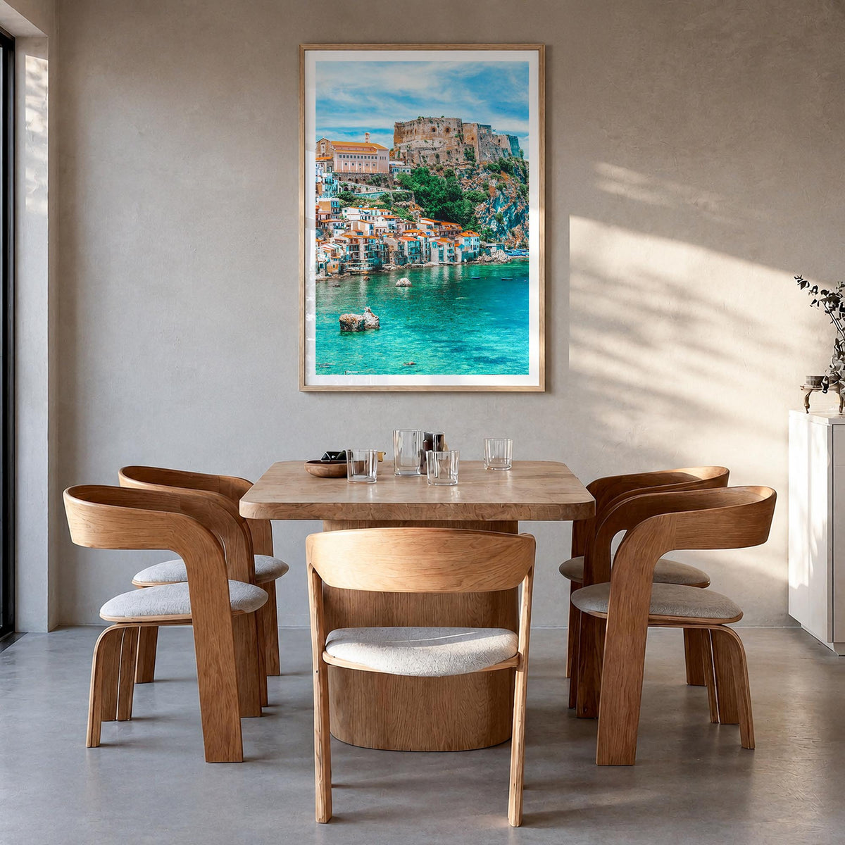 Calabria no. 1 colorful photo poster of Italy – vertical wall art in natural wood frame with white border, hanging on wall