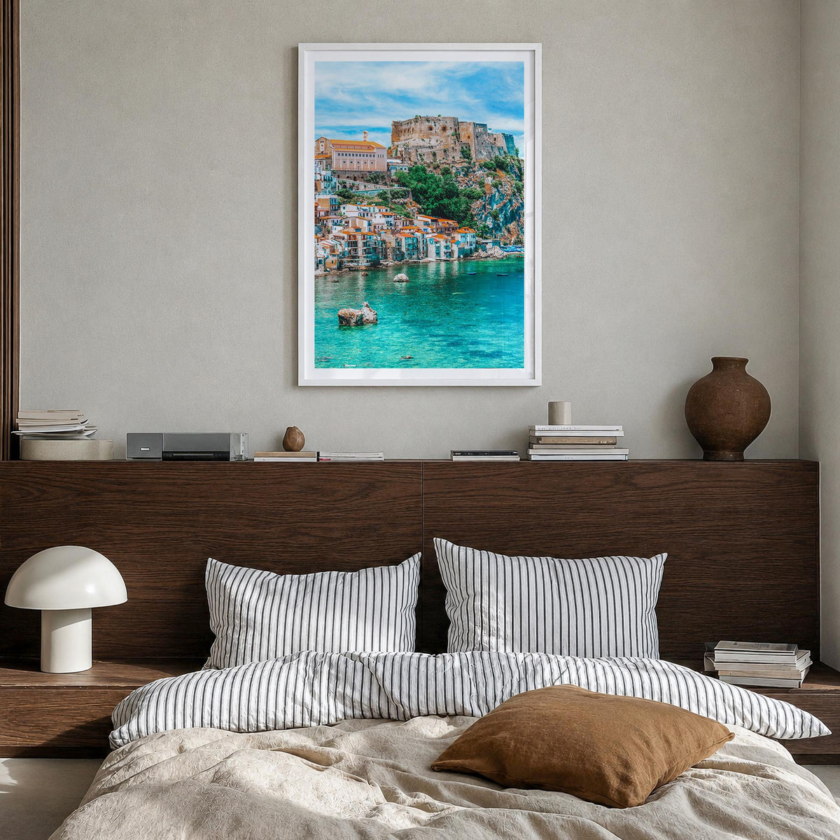 Calabria no. 1 colorful photo poster of Italy – vertical wall art in white wood frame with white border, hanging on wall